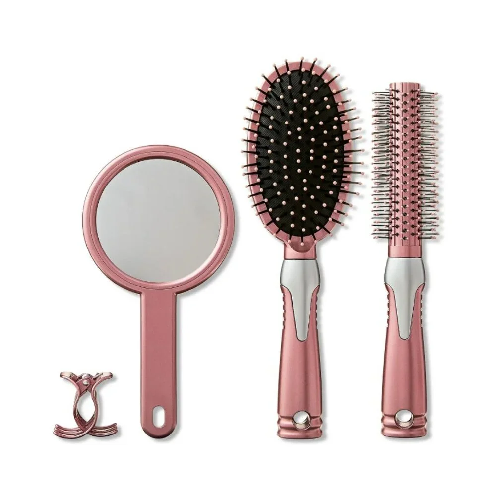 NEW 5-Piece Hairbrush Brush Set Hand Mirror Beauty Brushes Pink Easter Basket St